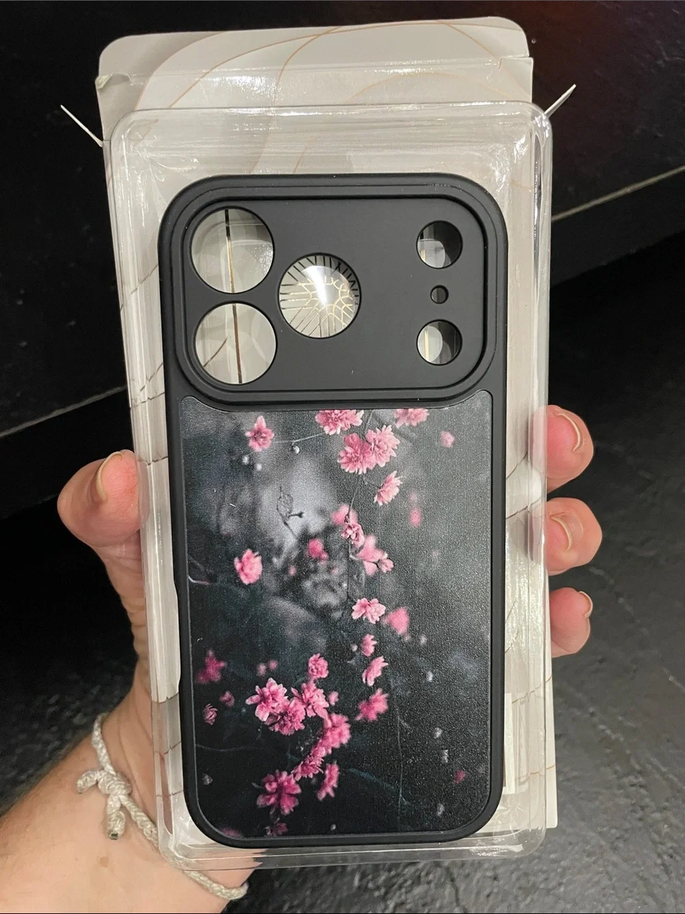 Black Floral i17 Pro Phone Case with Pink Blossoms